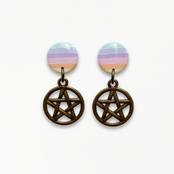 Handmade Pastel Glow Pentagram Earrings with pastel rainbow striped polymer clay studs and antique bronze pentagram charms.
