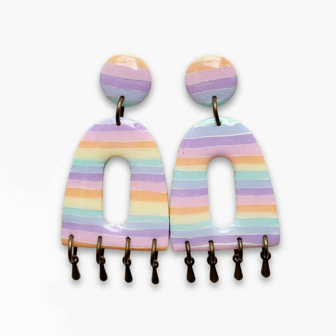 Handmade Pastel Glow Statement Earrings with pastel rainbow striped polymer clay and antique bronze drop details.
