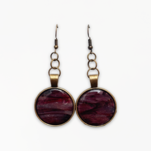Crimson Veil Bezel Earrings handmade from marbled polymer clay with antique bronze bezels