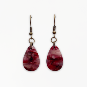 Crimson Veil Droplet Earrings handcrafted from marbled polymer clay with antique bronze detailing