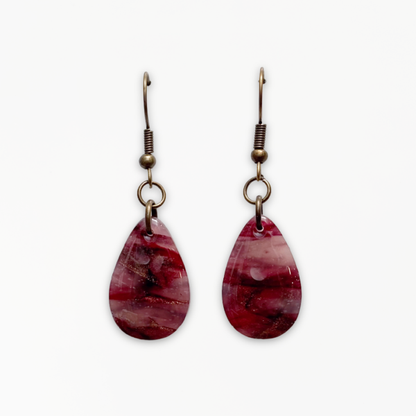 Crimson Veil Droplet Earrings handcrafted from marbled polymer clay with antique bronze detailing