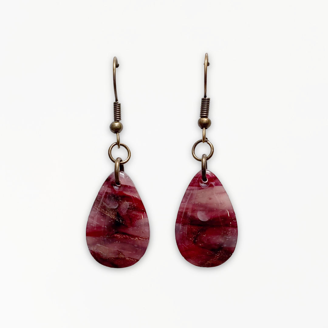 Crimson Veil Droplet Earrings handcrafted from marbled polymer clay with antique bronze detailing