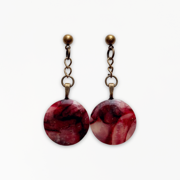 Crimson Veil Round Drop Earrings handcrafted from marbled polymer clay with antique bronze detailing