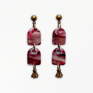 Crimson Veil Link Earrings handcrafted from marbled polymer clay with antique bronze detailing