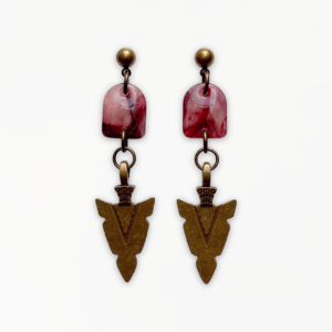 Crimson Veil Spear Earrings handmade from marbled polymer clay with antique bronze spear charms