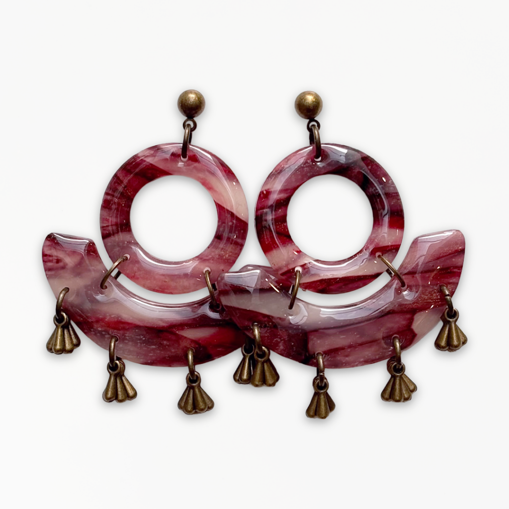 Crimson Veil Statement Earrings handcrafted from marbled polymer clay with antique bronze detailing
