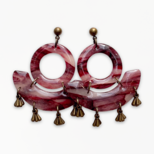Crimson Veil Statement Earrings handcrafted from marbled polymer clay with antique bronze detailing
