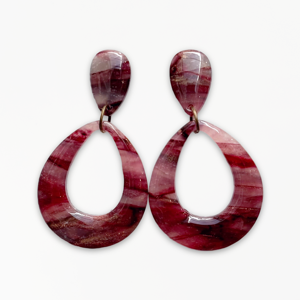Crimson Veil Teardrop Earrings handcrafted from marbled polymer clay with antique bronze detailing