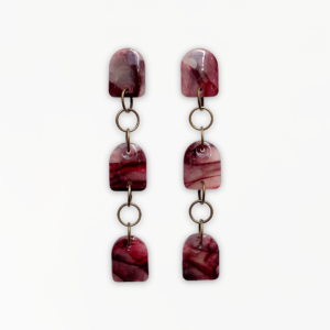 Crimson Veil Dangle Earrings handcrafted from marbled polymer clay with antique bronze detailing