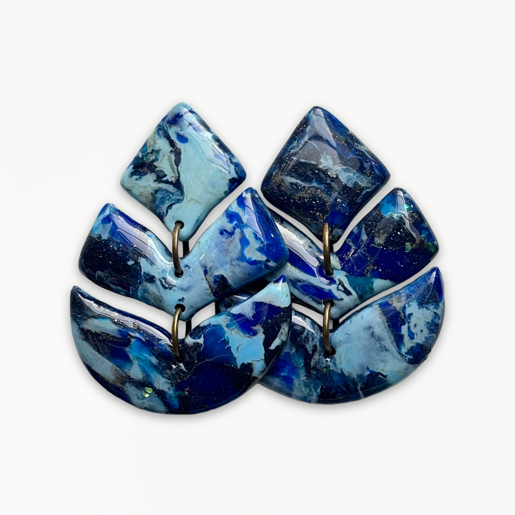 Handmade Deep Blue Statement Earrings featuring layered navy, cobalt and turquoise polymer clay in a modern geometric three-piece design with antique bronze connectors.