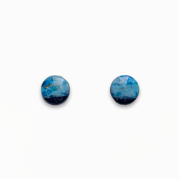 Handmade Deep Blue Circle Stud Earrings 8mm featuring layered navy, cobalt and turquoise polymer clay with delicate gold leaf detailing.