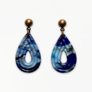 Handmade Deep Blue Ribbed Teardrop Earrings featuring marbled navy, cobalt and turquoise polymer clay with antique bronze stud fittings.