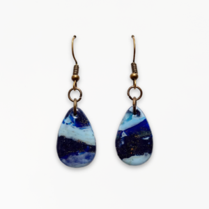 Handmade Deep Blue Droplet Earrings featuring marbled navy, cobalt and turquoise polymer clay with antique bronze fish hook ear wires.