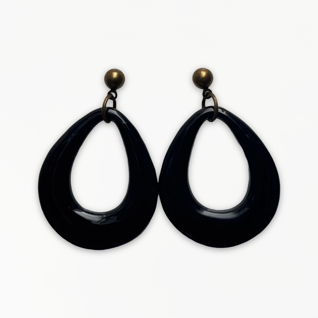 Handmade Jet Black Teardrop Earrings with glossy black polymer clay and antique bronze findings.