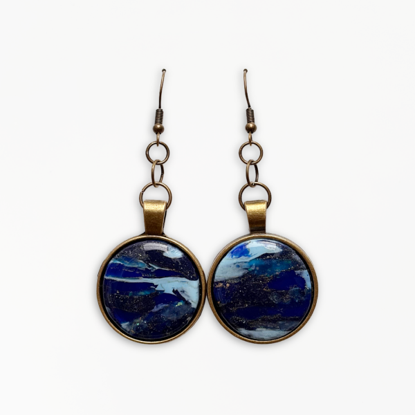 Handmade Deep Blue Bezel Earrings featuring marbled navy, cobalt and turquoise polymer clay set within antique bronze circular bezels.