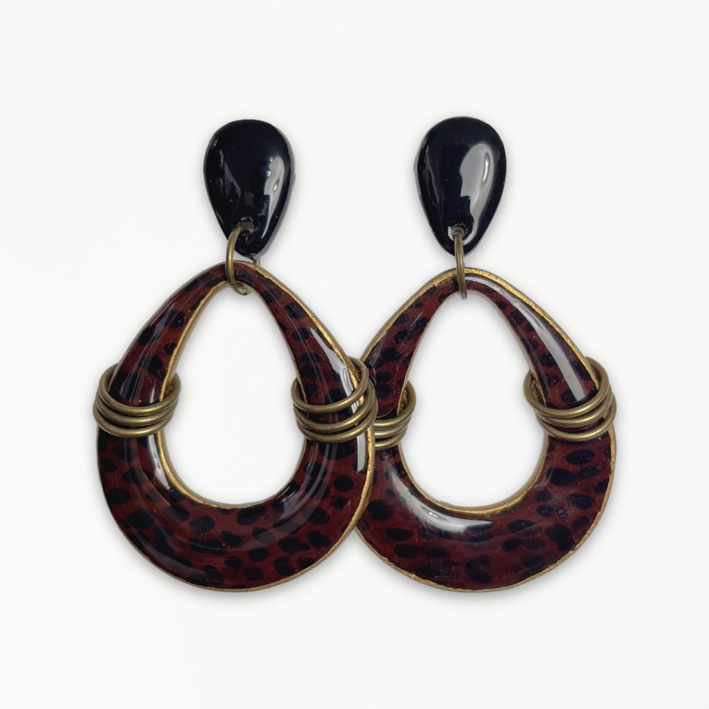 Untamed Teardrop Earrings with leopard print, gold gilding and antique bronze detailing