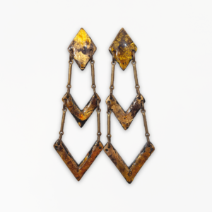 Molten Gold Chevron Statement Earrings featuring three geometric polymer clay sections with fractured gold-effect textures and elongated antique bronze-tone connectors.