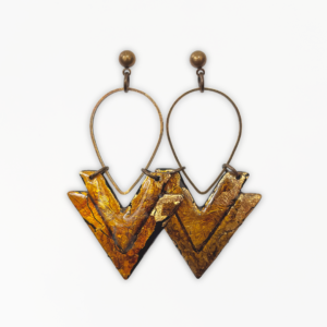 Handmade Molten Gold Dangle Earrings with layered gold-effect chevron pendants suspended from antique bronze-tone teardrop frames.