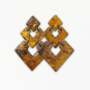 Molten Gold Geometric Statement Earrings with three graduated diamond-shaped polymer clay sections, fractured gold-effect textures and antique bronze-tone connectors.
