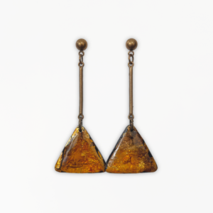 Handmade Molten Gold Triangle Drop Earrings with fractured gold-effect polymer clay pendants and long antique bronze connectors.