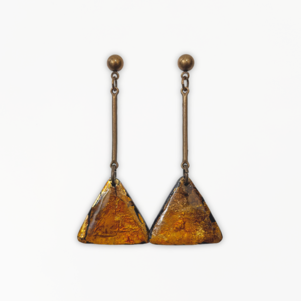 Handmade Molten Gold Triangle Drop Earrings with fractured gold-effect polymer clay pendants and long antique bronze connectors.